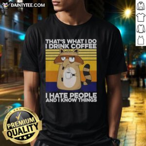 Good Grumpy Raccoon drinking coffee on a fun t-shirt design, perfect for coffee lovers and raccoon fans.