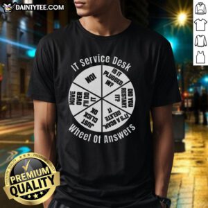 Good IT Service Desk Wheel of Answer T-Shirt featuring a colorful design and tech-related graphics for IT professionals.