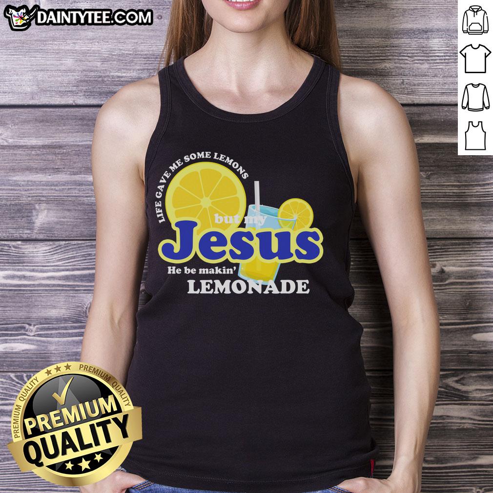 Good Life Gave Me Some Lemons Jesus Lemonade Christian Quote Tank Top displayed on a hanger, showcasing faith-inspired fashion.