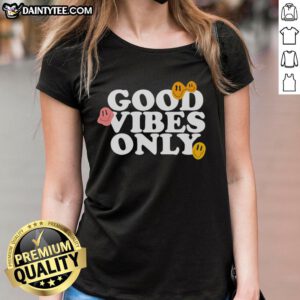 Good Vibes Only Smiling Face Emoji Ladies Tee featuring a cheerful design perfect for spreading positivity and joy.