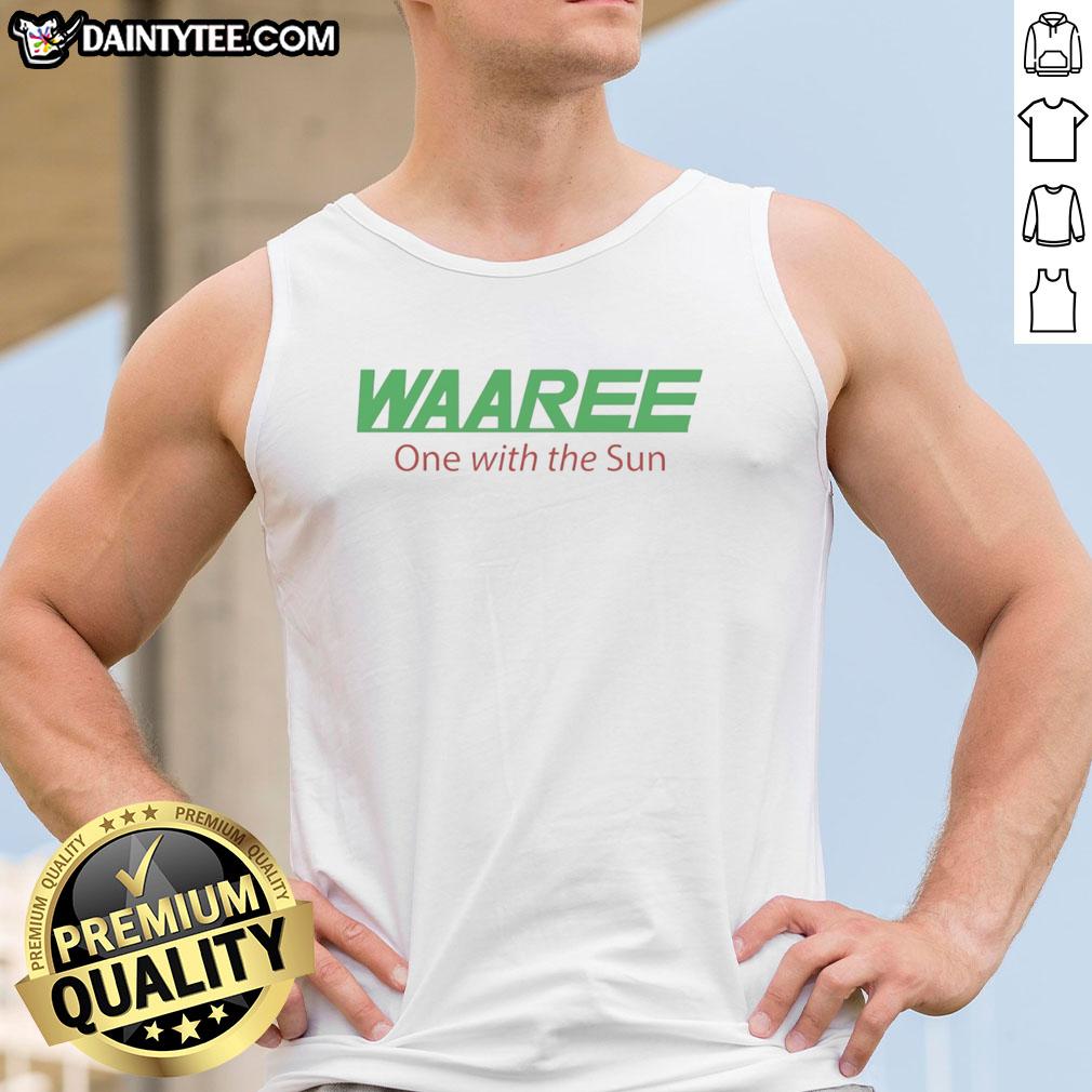 Model wearing Good Waaree One With The Sun Tank Top, showcasing a stylish summer outfit in bright sunlight.