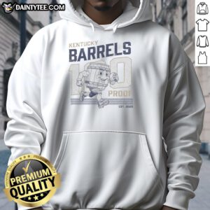Alt Text: Hot 100 Proof Retro Mascot Kentucky Barrels Hoodie featuring a vintage design and cozy fit for whiskey lovers.