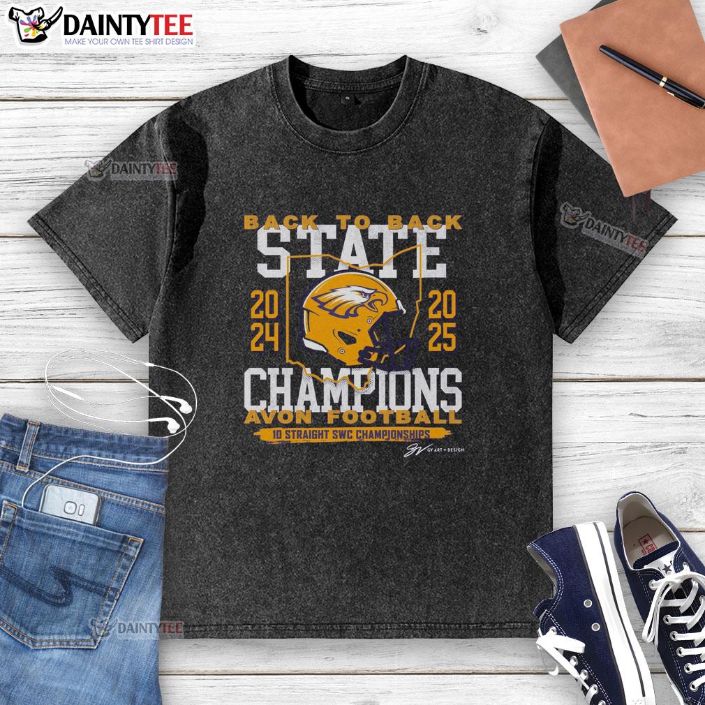Hot Avon Football Back-to-Back State Champs washed t-shirt featuring team colors and logo, perfect for fans.