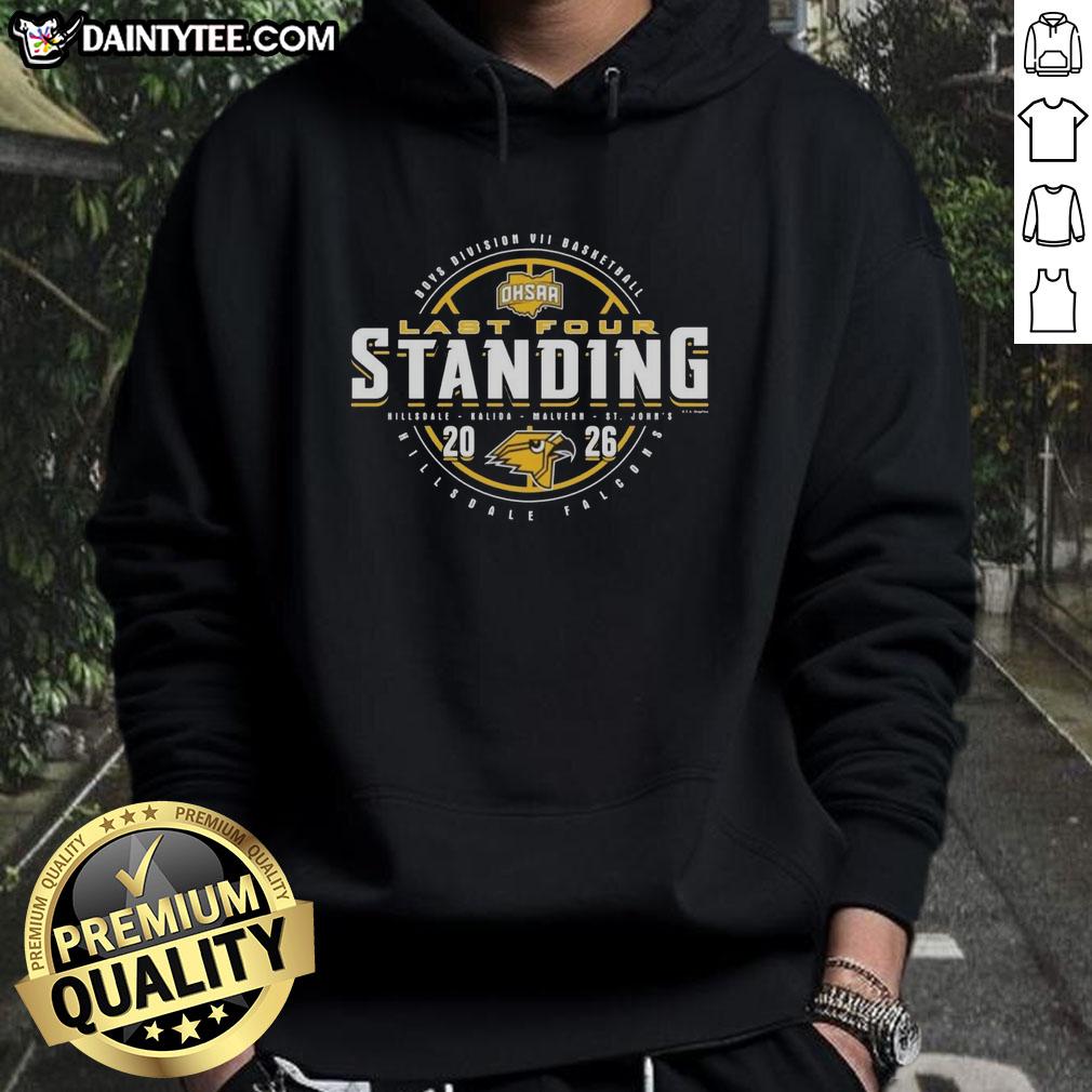 Hot Hillsdale Falcons 2026 OHSAA Boys Basketball Division 7 Last Four Standing hoodie design featuring team colors.