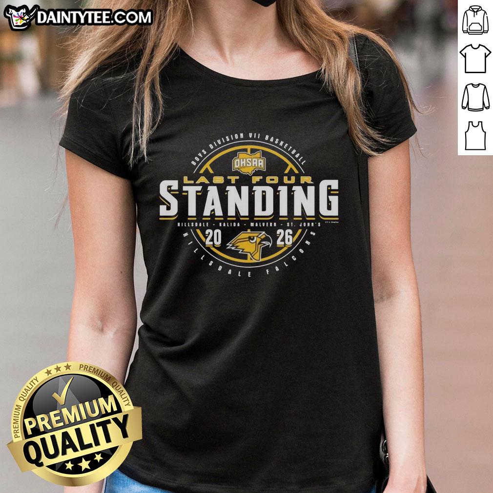 Alt Text: Hot Hillsdale Falcons 2026 OHSAA Boys Basketball Division 7 Last Four Standing Ladies Tee shirt design.