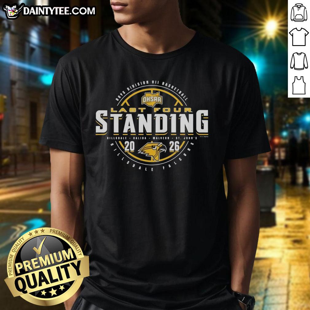 Hillsdale Falcons 2026 OHSAA Boys Basketball Division 7 Last Four Standing T-Shirt featuring team colors and logo.