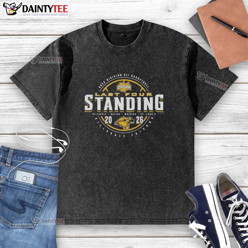 Hot Hillsdale Falcons 2026 OHSAA Boys Basketball Division 7 Last Four Standing washed t-shirt design showcasing team pride.