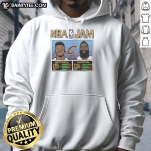 Hot NBA Jam hoodie featuring Cavs' Donovan Mitchell and James Harden in vibrant design, perfect for basketball fans.
