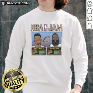 Hot NBA Jam Cavs Mitchell and Harden sweatshirt featuring bold graphics and comfortable fit for basketball fans.