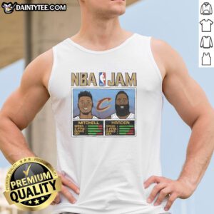 Hot NBA Jam Cavs Mitchell and Harden tank top featuring vibrant graphics for basketball fans and collectors.