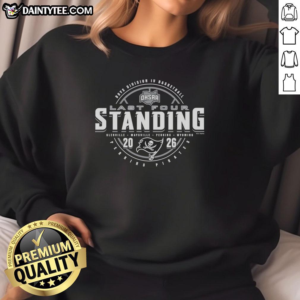 Alt Text: Hot Perkins Pirates 2026 OHSAA Boys Basketball Division 4 Last Four Standing Sweatshirt in team colors.