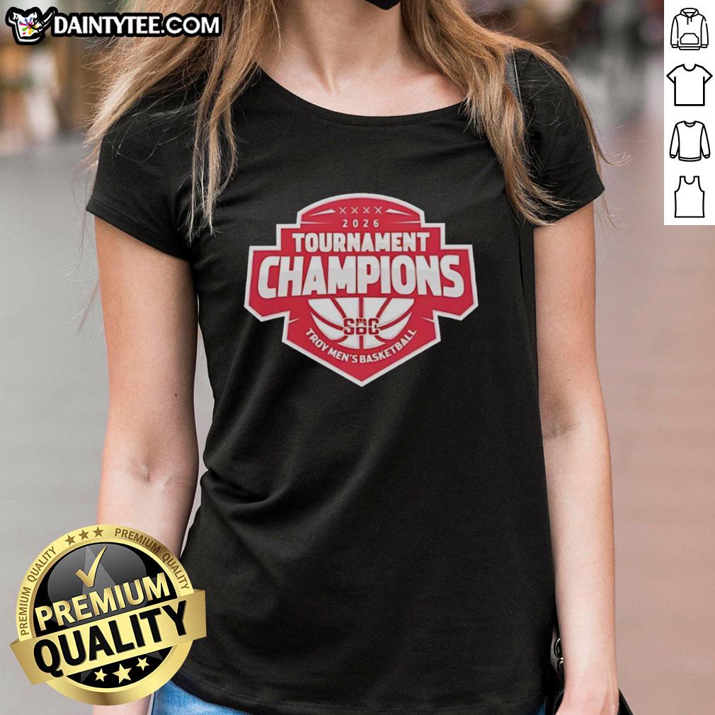 Hot Troy Trojans 26 Sun Belt Conference Mens Basketball Tournament Champions Ladies Tee showcasing team pride and style.