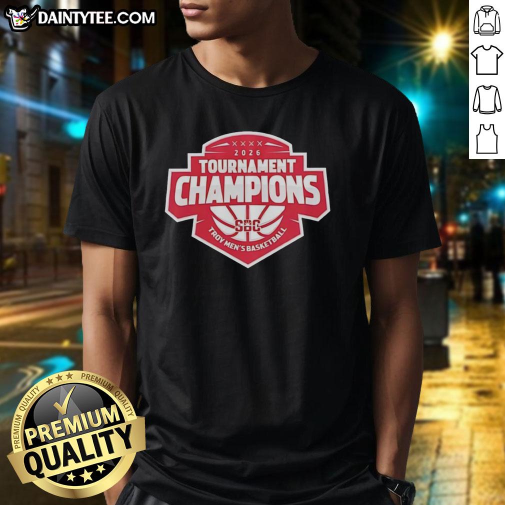 Hot Troy Trojans 26 Sun Belt Conference Mens Basketball Tournament Champions T-Shirt in vibrant colors.