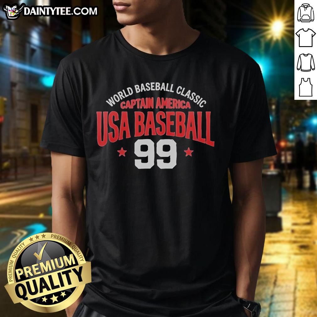 Alt Text: Hot World Baseball Classic Captain America USA Baseball 99 Stars T-Shirt featuring patriotic design and vibrant colors.