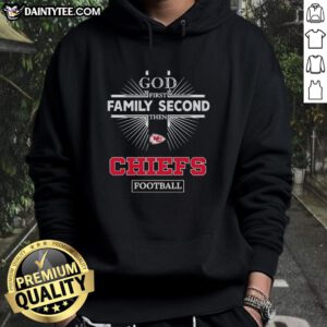 Nice Kansas City Chiefs hoodie with 'God First, Family Second, Then Chiefs Football' slogan, perfect for fans.