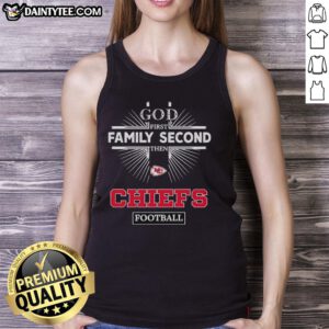 Stylish tank top featuring 'God First, Family Second, Then Chiefs Football' design for Kansas City Chiefs fans.