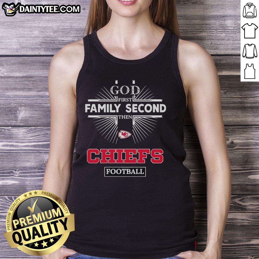 Stylish tank top featuring 'God First, Family Second, Then Chiefs Football' design for Kansas City Chiefs fans.