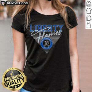 Retro ladies tee featuring the Nice Liberty Flames logo established in 1971, perfect for fans of vintage sports apparel.