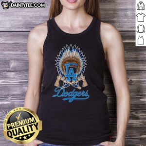 Alt Text: Stylish Los Angeles Dodgers Native American hat logo tank top, perfect for baseball fans and summer casual wear.