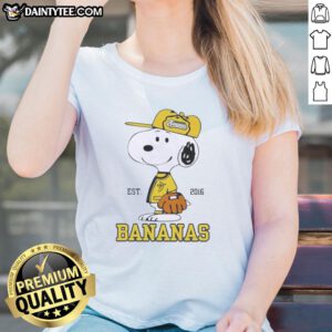 Nice Peanuts Snoopy x Savannah Bananas Est 2016 ladies tee featuring colorful graphic design and soft fabric.