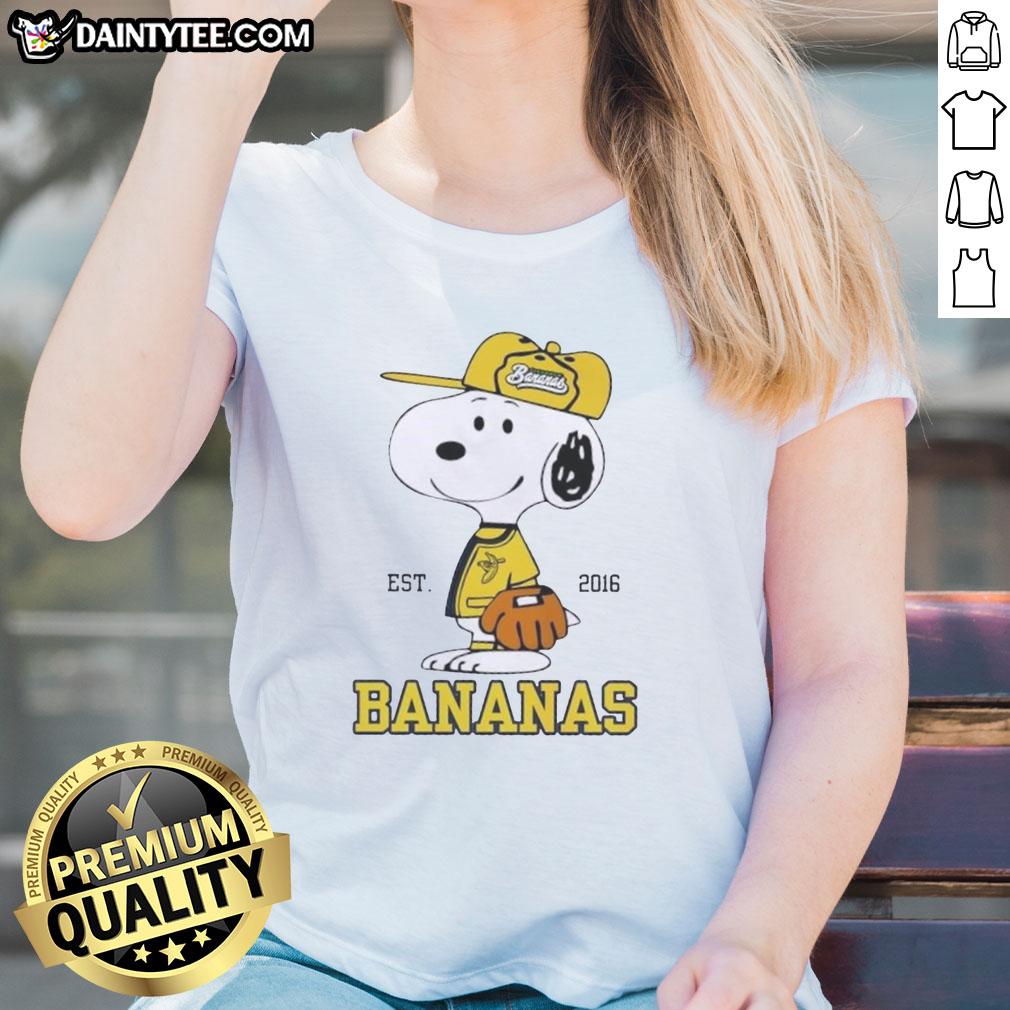 Nice Peanuts Snoopy x Savannah Bananas Est 2016 ladies tee featuring colorful graphic design and soft fabric.