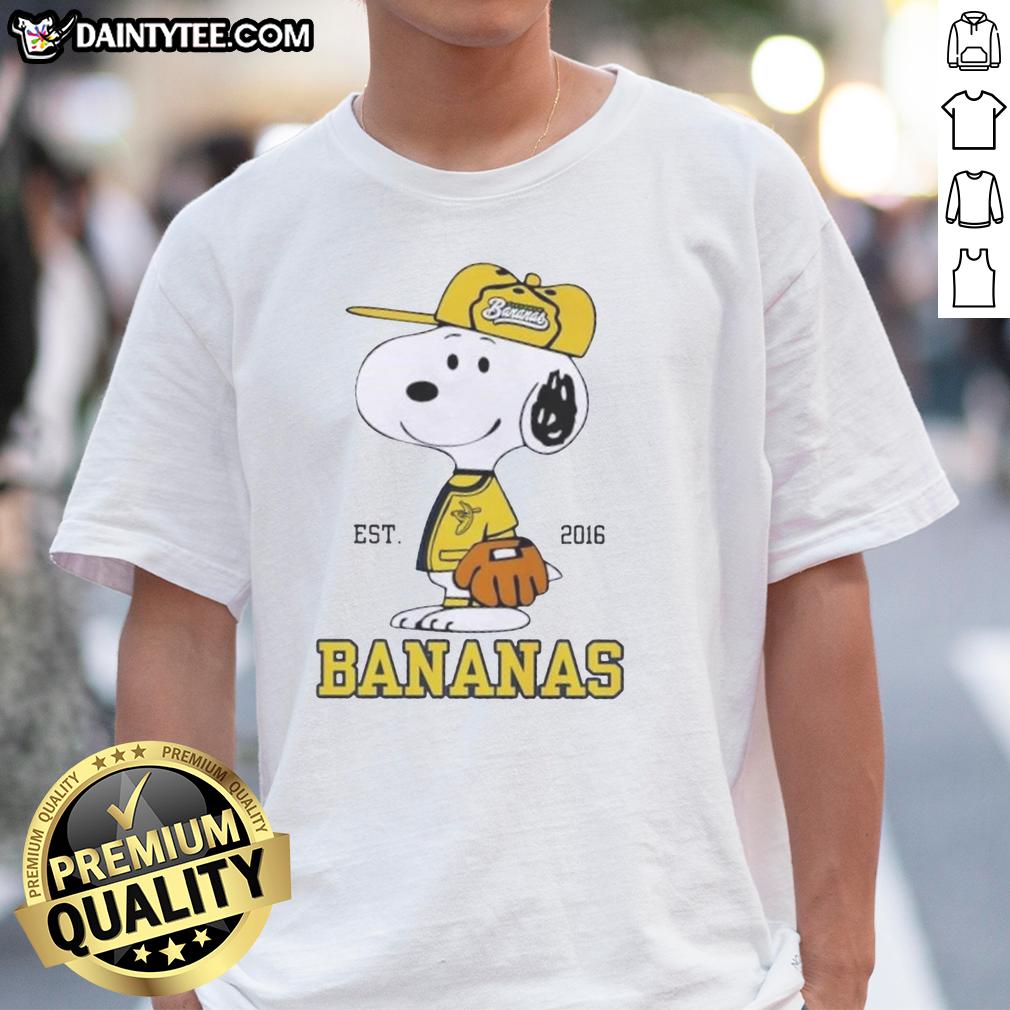Alt Text: Nice Peanuts Snoopy X Savannah Bananas Est 2016 T-Shirt featuring playful Snoopy design for fans and collectors.