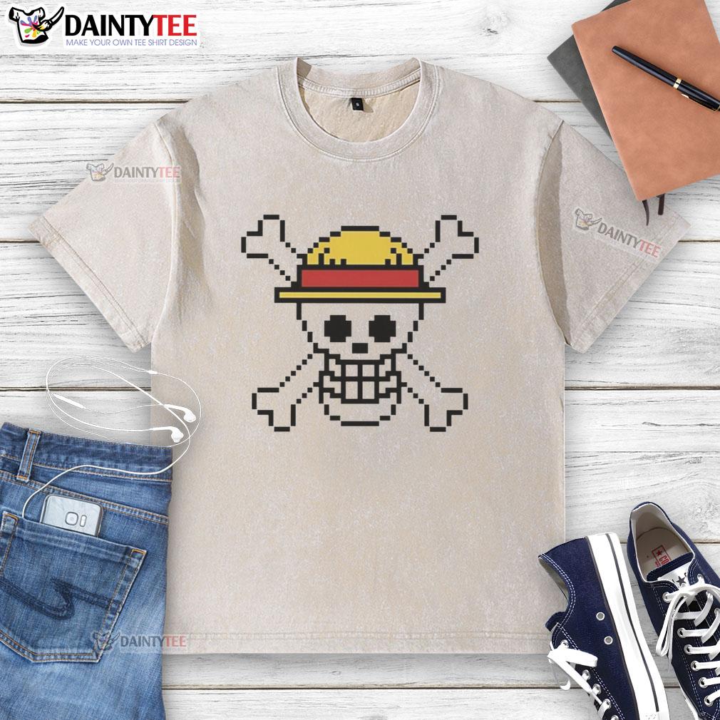 Jolly Roger One Piece washed t-shirt with vibrant pixel art design, perfect for anime fans and casual wear.
