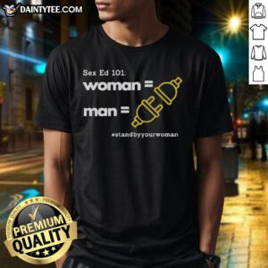 Nice Sex Ed 101 T-Shirt featuring a woman and man, promoting sexual education and awareness in a stylish design.