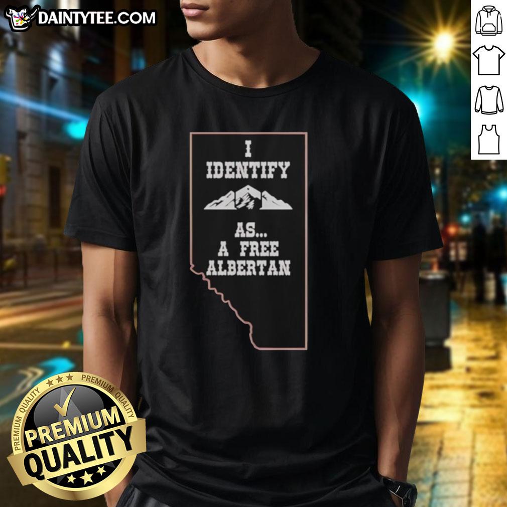 Official 'I Identify As A Free Albertan' T-Shirt featuring Alberta mountains design, celebrating Alberta pride and identity.