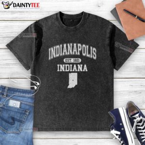 Alt Text: Official Indianapolis Indiana Est 1821 Varsity Washed T-Shirt in navy blue featuring vintage graphics and comfortable fit.