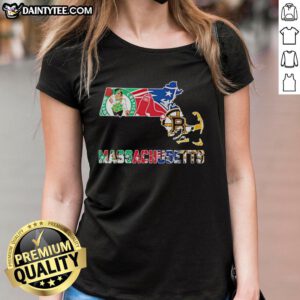 Alt Text: Nice Massachusetts sports teams graphic on a ladies tee, showcasing state pride and team spirit in stylish design.