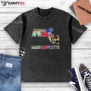 Alt Text: Nice Massachusetts sports teams graphic on a washed t-shirt, showcasing local teams and vibrant design.
