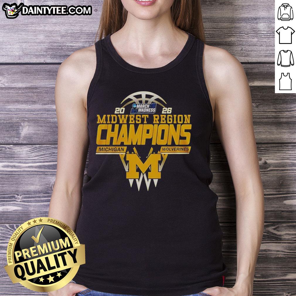 2026 Nice Michigan Wolverines Midwest Region Champions tank top featuring team colors and logo design.