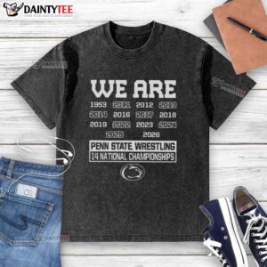 Men's Penn State Nittany Lions wrestling t-shirt celebrating 14 national championships, featuring a stylish washed design.