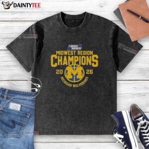 Alt Text: 2026 Michigan Wolverines NCAA March Madness Basketball Champions washed t-shirt in blue, celebrating Midwest region victory.