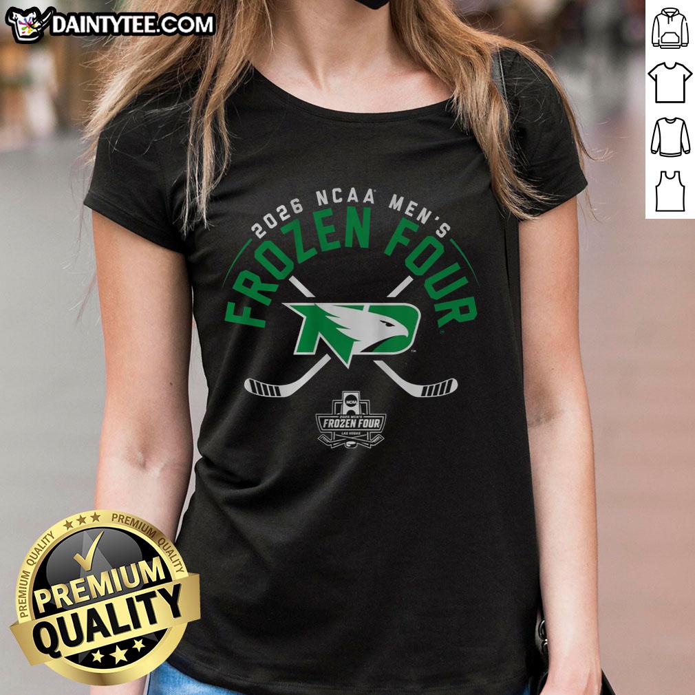 Alt Text: 2026 Frozen Four Ladies Tee featuring Top North Dakota Men's Hockey team design for fans and supporters.