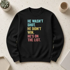 Awesome He Wasn'T Shot He Didn'T Win He'S On The List sweater in dark gray with bold white lettering, displayed front view