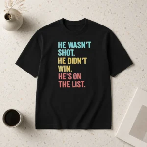 Awesome He Wasn'T Shot He Didn'T Win He'S On The List t shirt with bold text design on a black cotton short sleeve tee