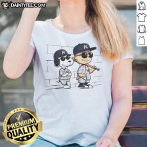 Awesome Snoopy And Charlie Brown Baseball Wearing New York Yankees Jersey Ladies Shirt featuring a playful design.