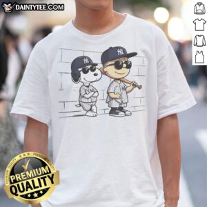Awesome Snoopy And Charlie Brown Baseball Wearing New York Yankees Jersey Shirt displayed on a plain background