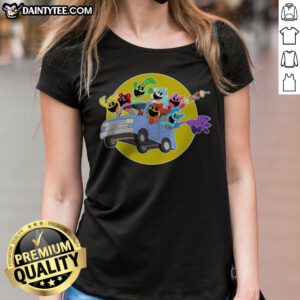 Cute Poppy Playtime Smiling Critters Drive Car Ladies Shirt featuring colorful cartoon characters on a comfortable fitted tee