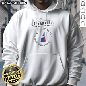 Funny Just A Texas Girl Living In A New Hampshire World Hoodie in gray, cozy pullover with front pocket