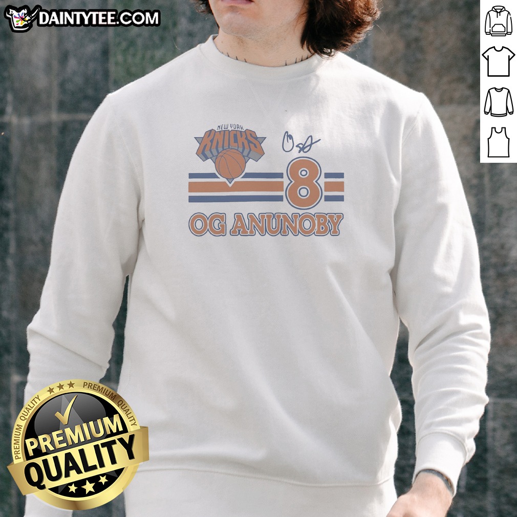 Funny Og Anunoby New York Knicks 8 Signature Logo Sweatshirt in classic crewneck style with vibrant team colors