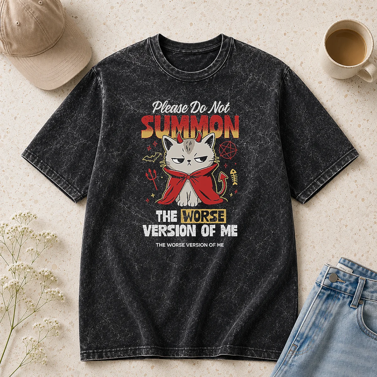 Funny Please Do Not Summon The Worse Version Of Me Cat Washed T-Shirt