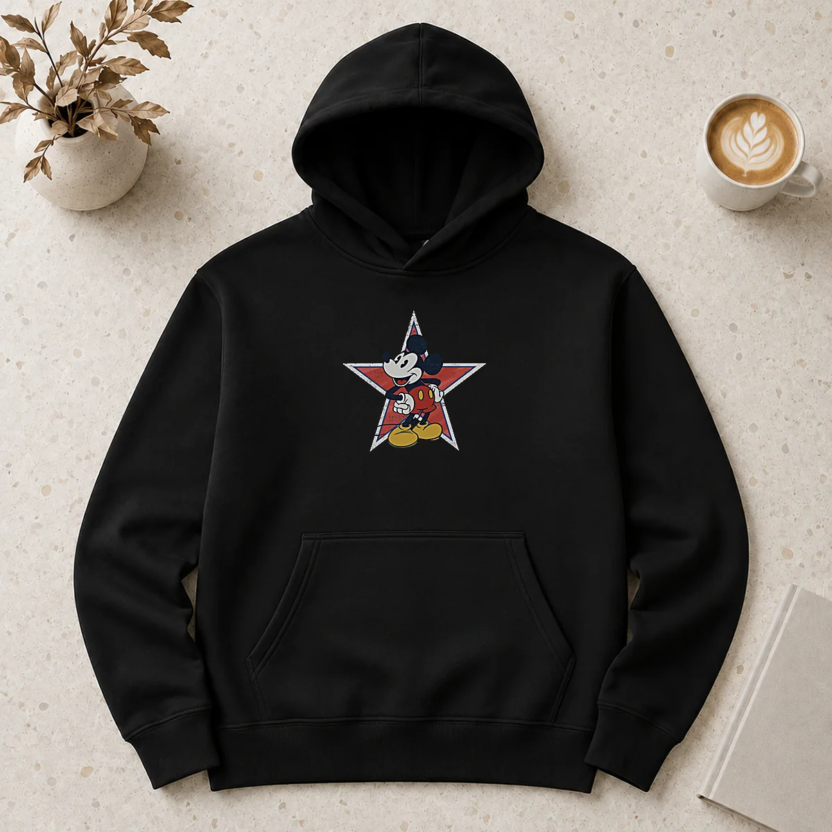Good Disney Distressed Mickey Mouse Star Mens Hoodie in black with vintage Mickey Mouse star graphic
