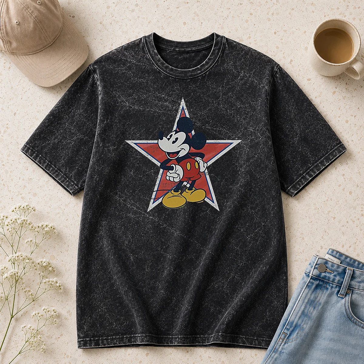 Good Disney Distressed Mickey Mouse Star Mens Washed T-Shirt