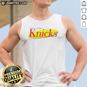 Hot New York Knicks Seinfeld Logo Tank top in white, featuring a bold graphic design on a sleeveless cotton garment