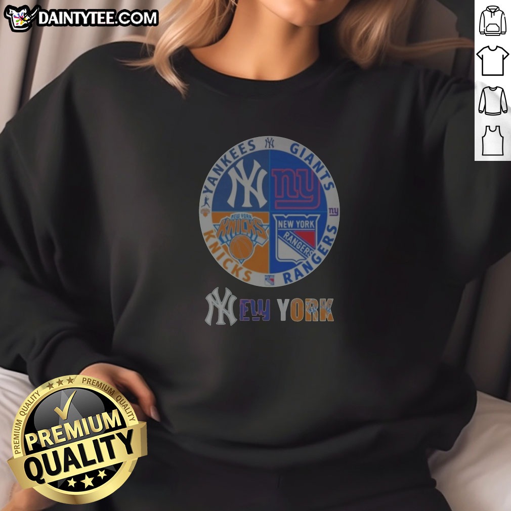 New York Yankees Knicks Rangers Giants 4 Teams Sports Logo Sweatshirt in navy blue with crew neck and long sleeves