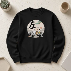 Official Peanuts Charlie Brown Friends Japan Mens Sweater in navy blue with graphic print on front