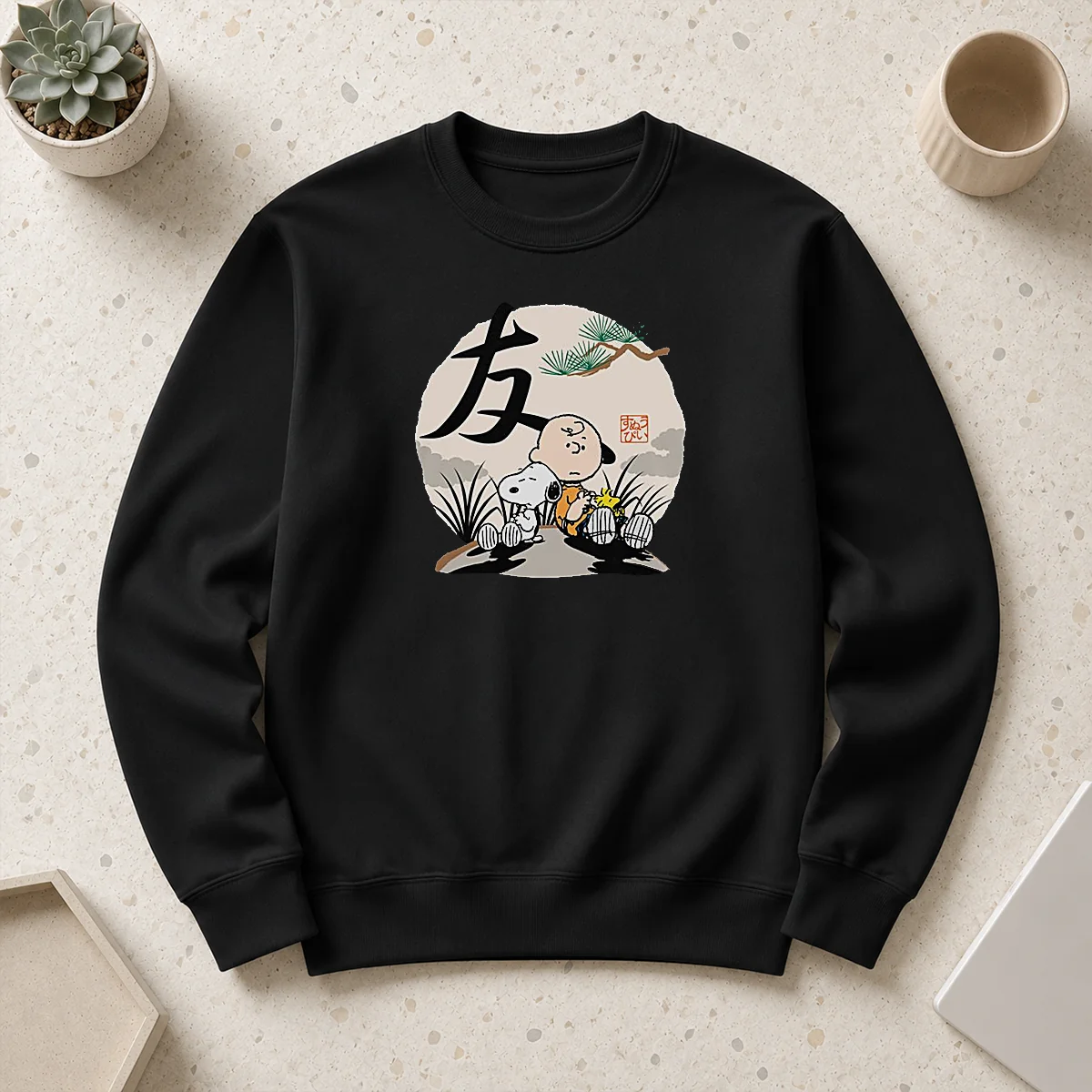 Official Peanuts Charlie Brown Friends Japan Mens Sweater in navy blue with graphic print on front